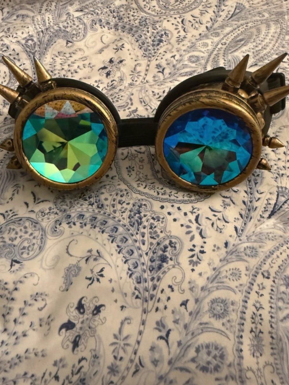 Gold Spike Steampunk Goggles with Blue-Green Kaleidoscope Lenses